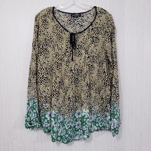 Suzanne Betro tie front pin & tuck animal floral print long sleeve blouse